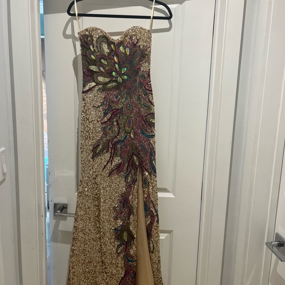 Strapless Sequin Gown with Peacock Design